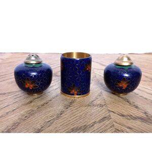 Set of 3 Antique Chinese Cloisonné Salt and Pepper Shakers with a Salt Cellar